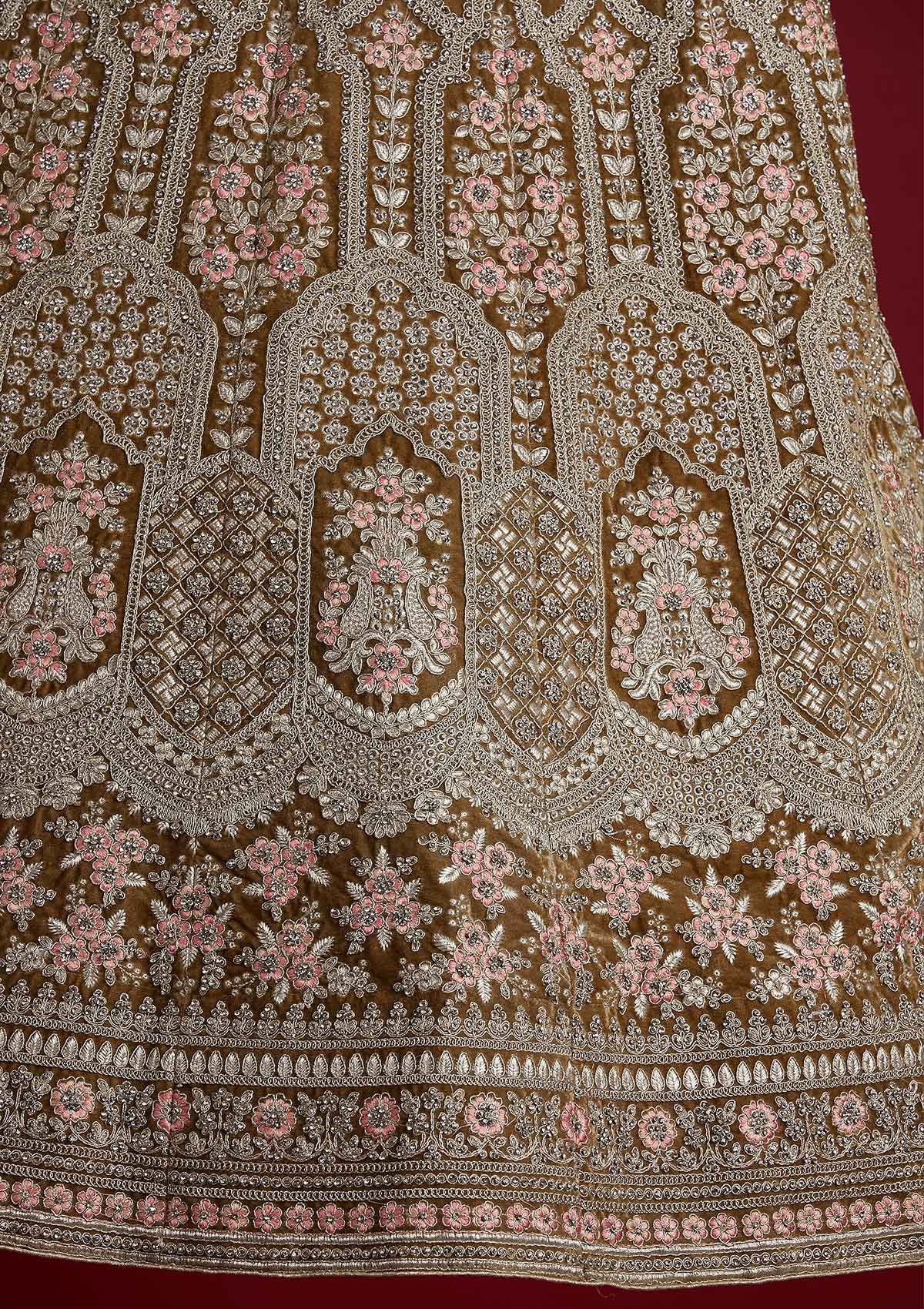 Mehendi Silver Stonework Velvet Designer Semi-Stitched Lehenga - koskii