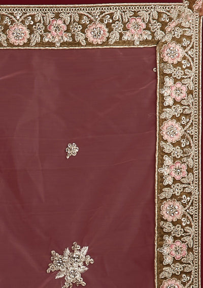 Mehendi Silver Stonework Velvet Designer Semi-Stitched Lehenga - koskii