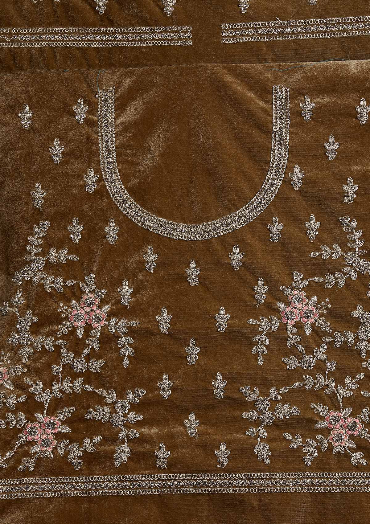 Mehendi Silver Stonework Velvet Designer Semi-Stitched Lehenga - koskii