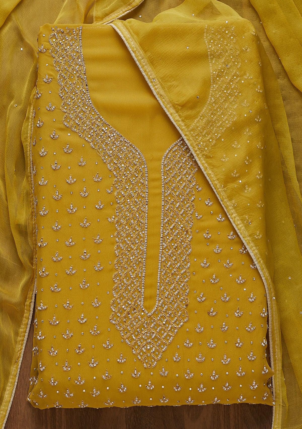 Mehendi Stonework Georgette Unstitched Salwar Suit-Koskii
