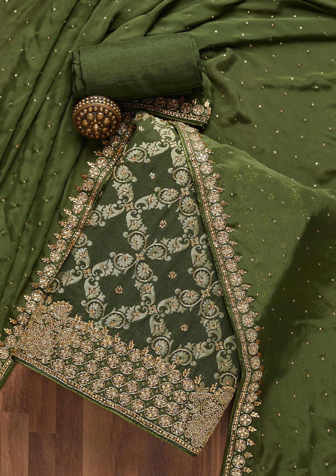 Buy Mehendi Stonework Semi Crepe Unstitched Salwar Suit Koskii