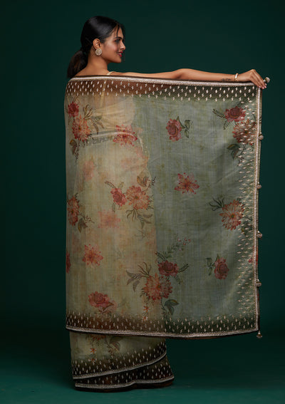 Mehendi Stonework Tissue Designer Saree - Koskii