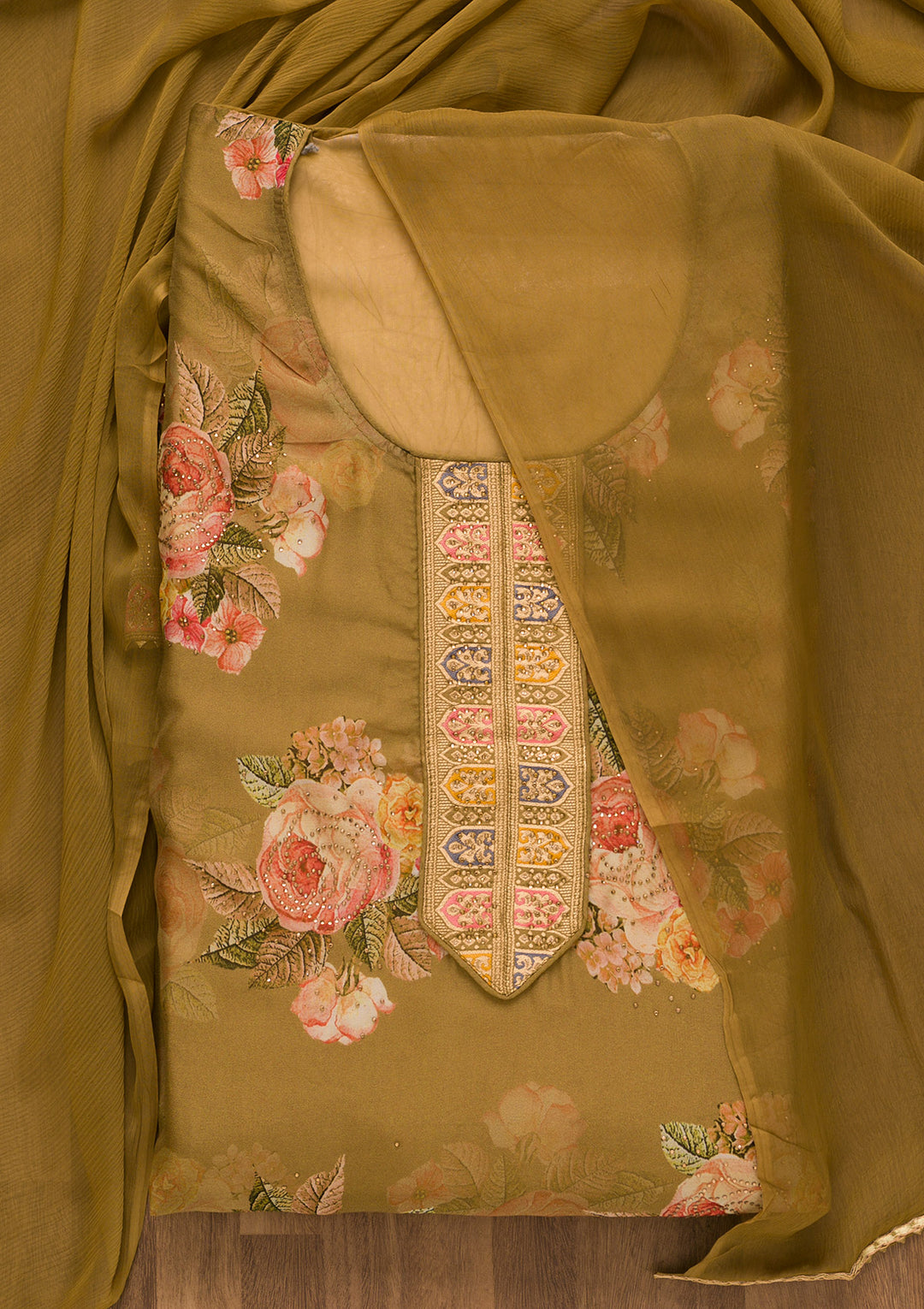Mehendi Swarovski Semi Crepe Unstitched Salwar Suit-Koskii