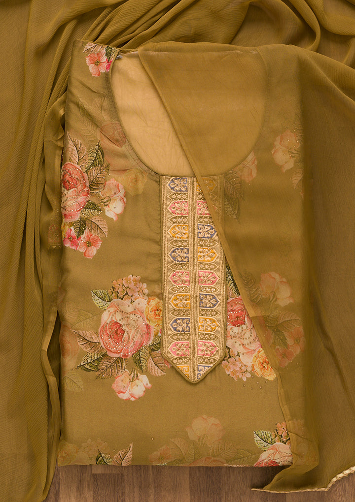 Mehendi Swarovski Semi Crepe Unstitched Salwar Suit-Koskii