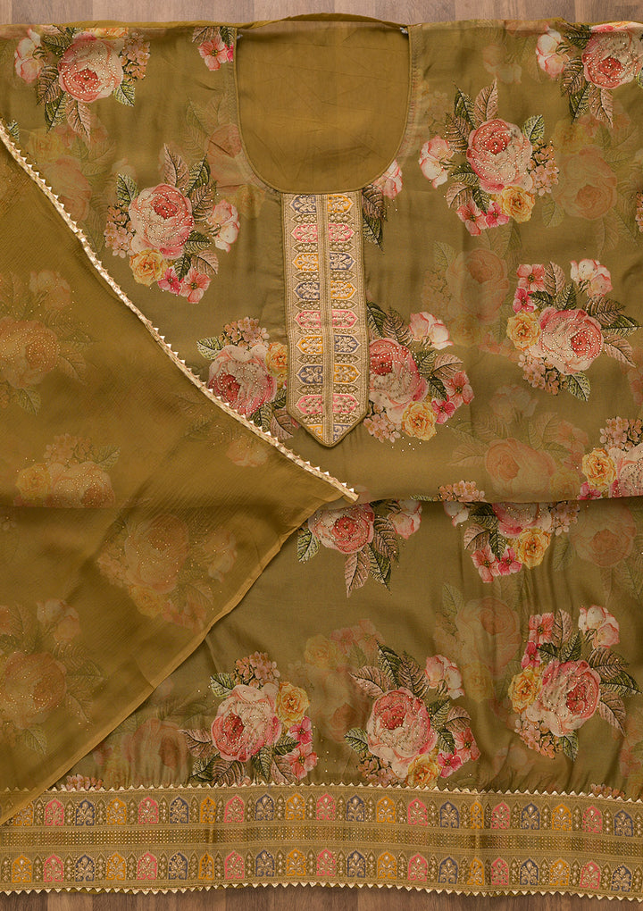 Mehendi Swarovski Semi Crepe Unstitched Salwar Suit-Koskii