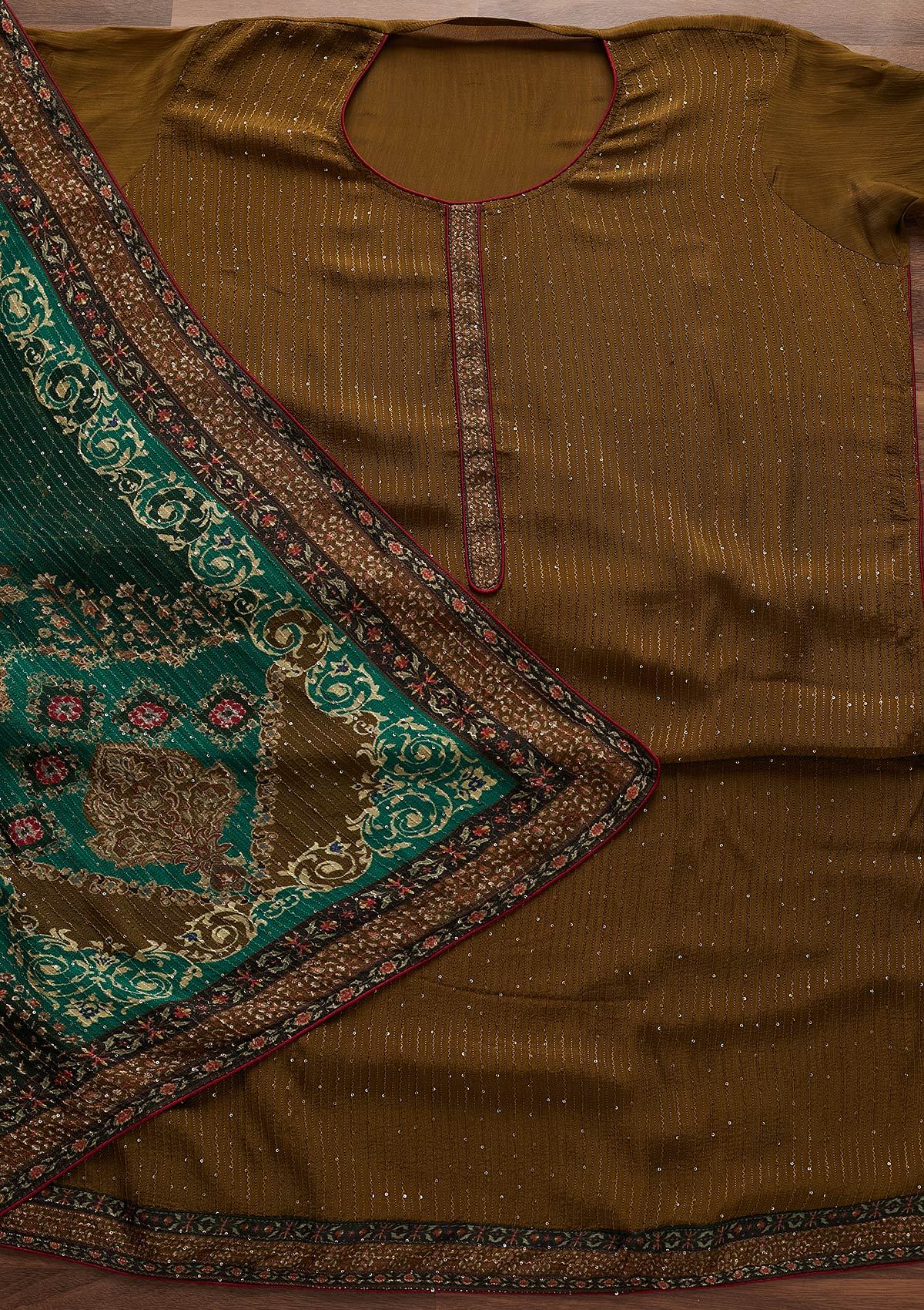 Mehendi Threadwork Georgette Designer Semi-Stitched Salwar Suit - Koskii