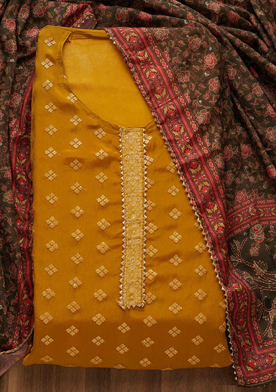 Mehendi Sequins Threadwork Semi Crepe Unstitched Salwar Suit-Koskii