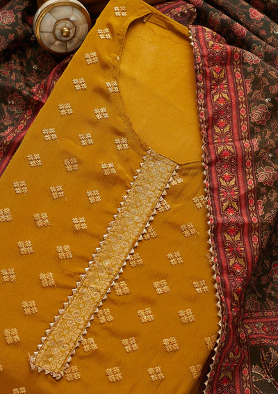 Mehendi Sequins Threadwork Semi Crepe Unstitched Salwar Suit-Koskii