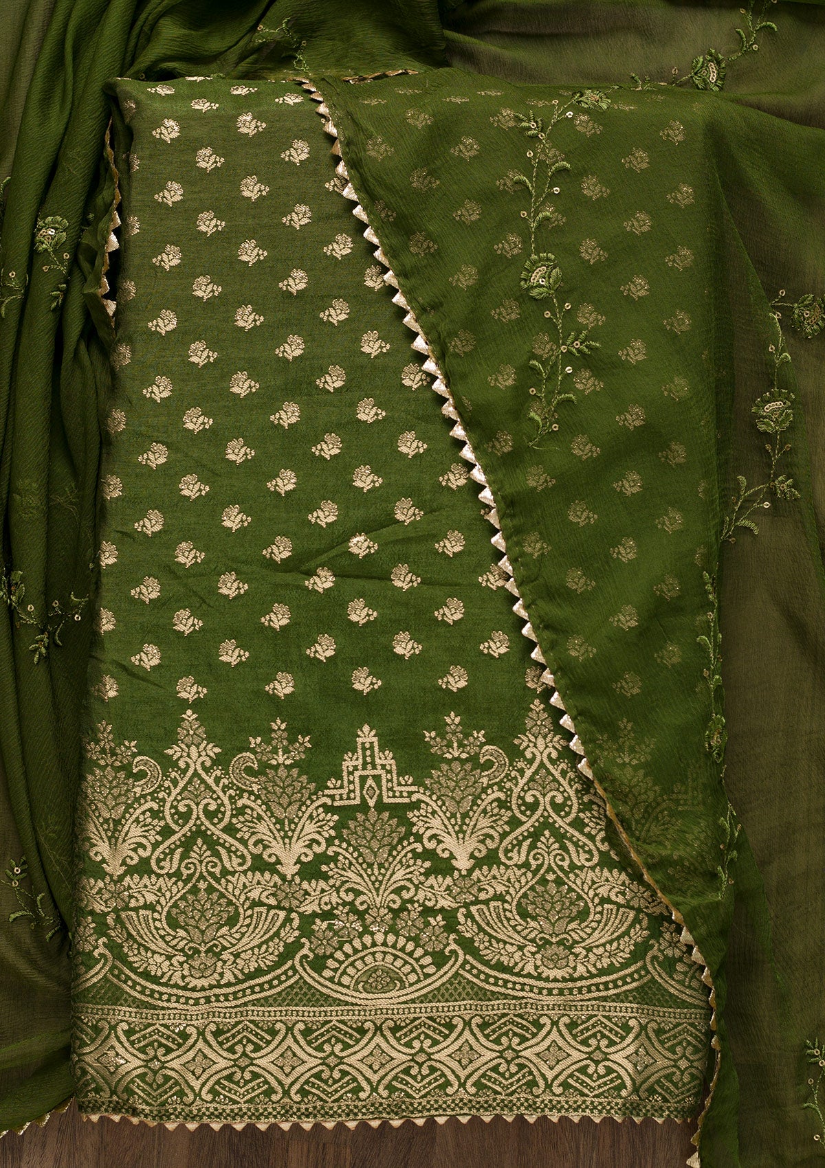 Mehendi Zariwork Art Silk Unstitched Salwar Suit-Koskii