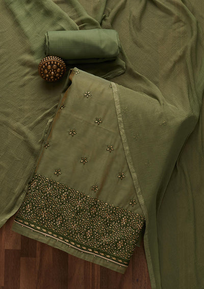 Mehendi Zariwork Chanderi Designer Unstitched Salwar Suit - Koskii