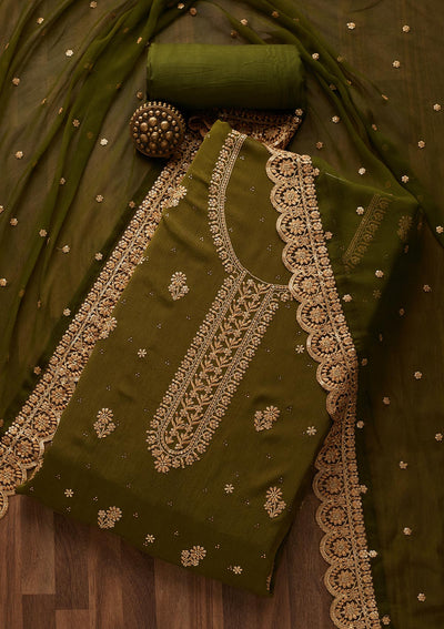 Mehendi Zariwork Chiffon Unstitched Salwar Suit - Koskii