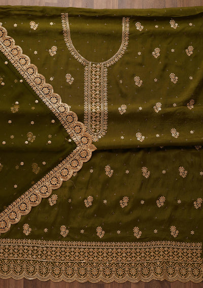 Mehendi Zariwork Chiffon Unstitched Salwar Suit - Koskii
