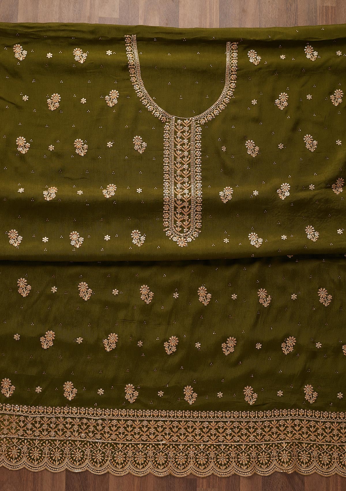 Mehendi Zariwork Chiffon Unstitched Salwar Suit - Koskii