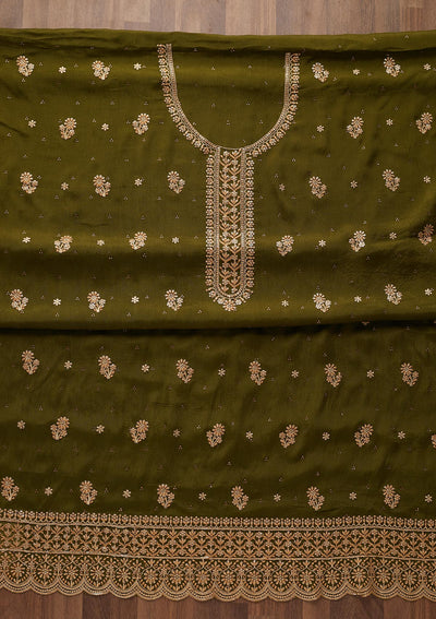 Mehendi Zariwork Chiffon Unstitched Salwar Suit - Koskii