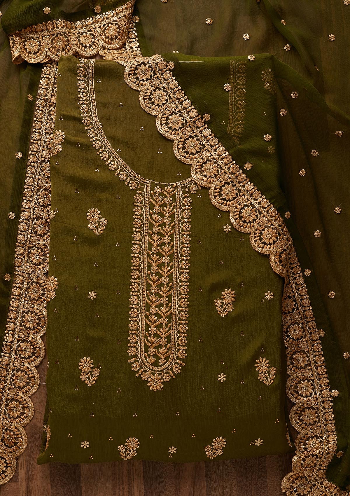 Mehendi Zariwork Chiffon Unstitched Salwar Suit - Koskii