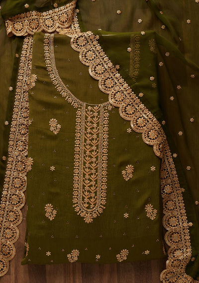 Mehendi Zariwork Chiffon Unstitched Salwar Suit - Koskii