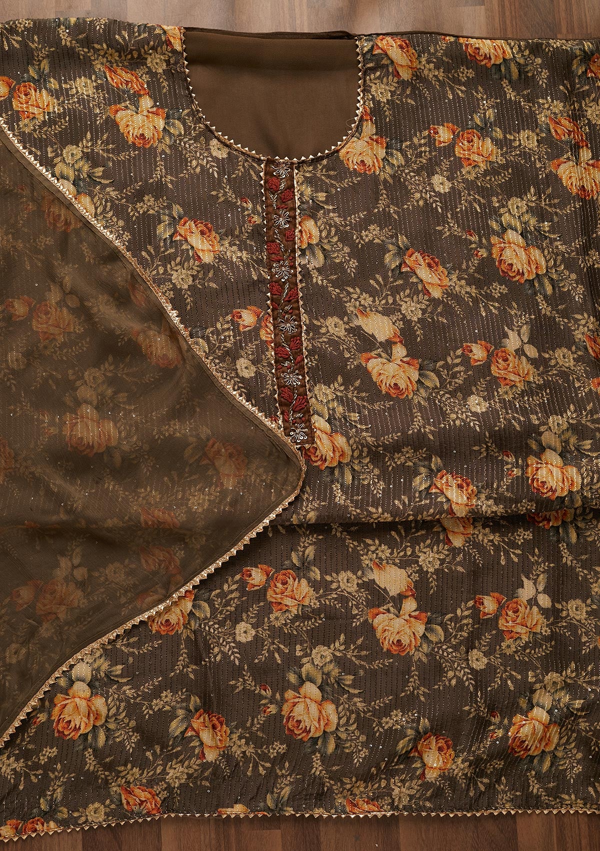 Mehendi Zariwork Georgette Semi-Stitched Salwar Suit-Koskii