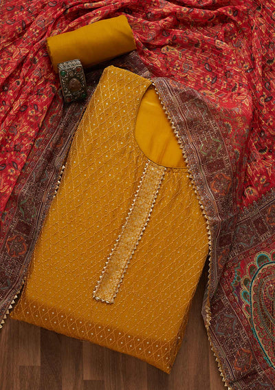Mehendi Sequins Semi Crepe Unstitched Salwar Suit-Koskii