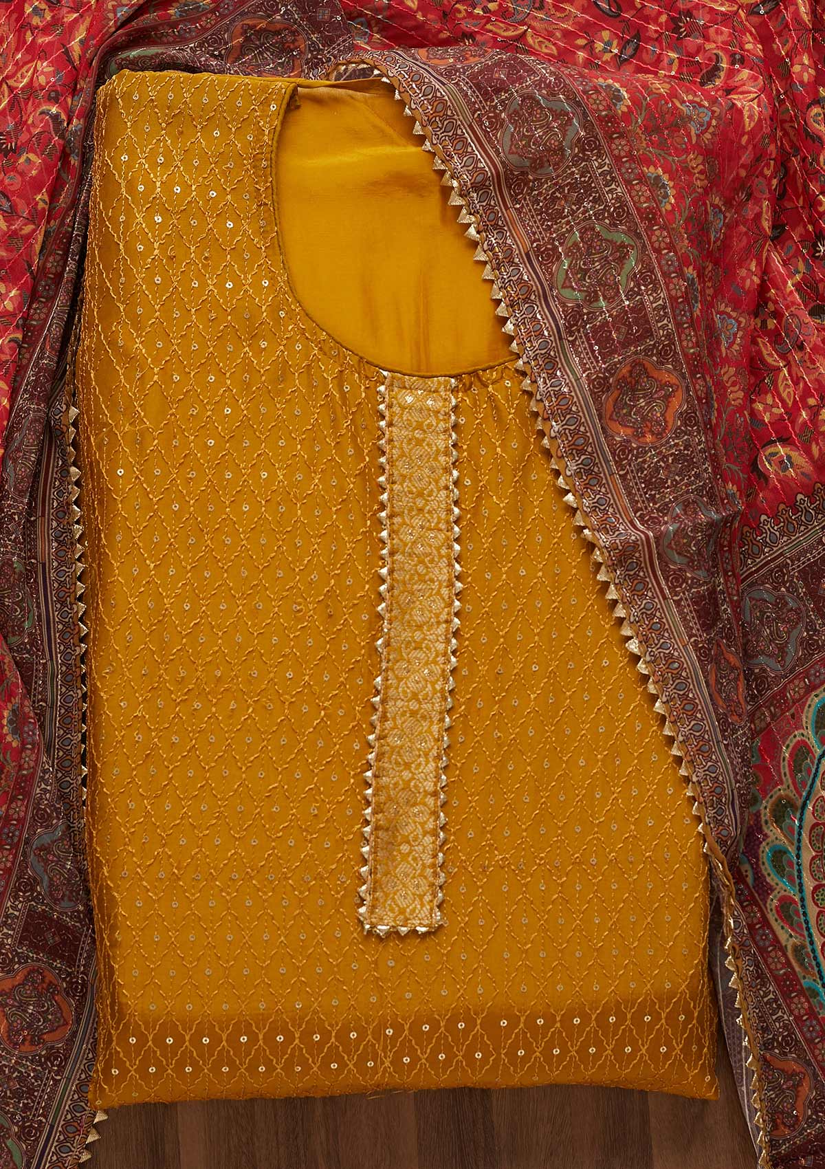 Mehendi Sequins Semi Crepe Unstitched Salwar Suit-Koskii