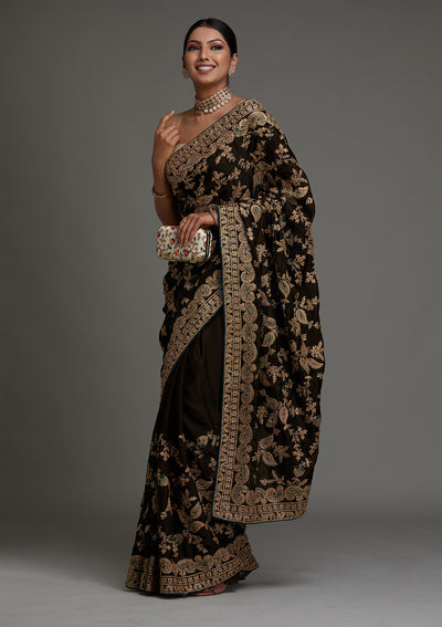 Mehendi Zariwork Semi Crepe Saree- Koskii