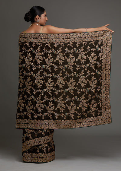 Mehendi Zariwork Semi Crepe Saree - Koskii