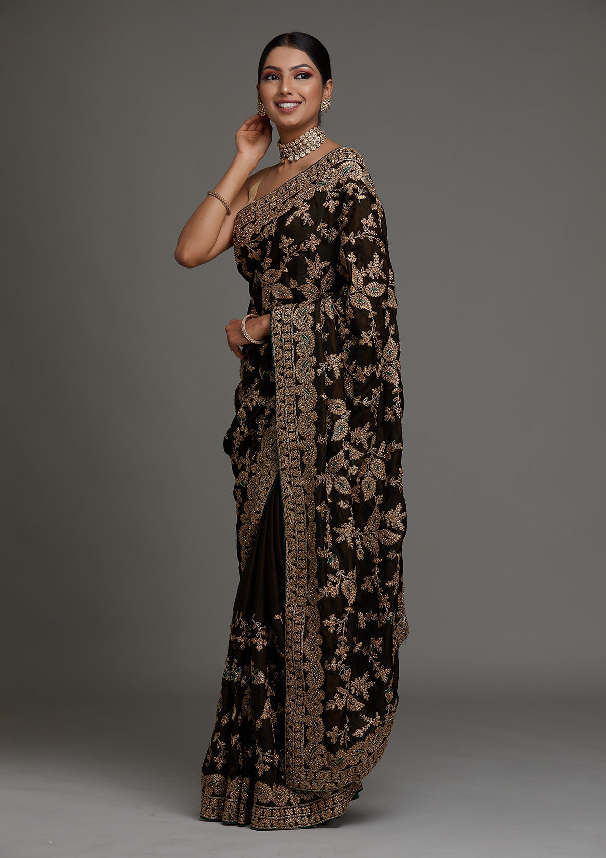 Mehendi Zariwork Semi Crepe Saree - Koskii