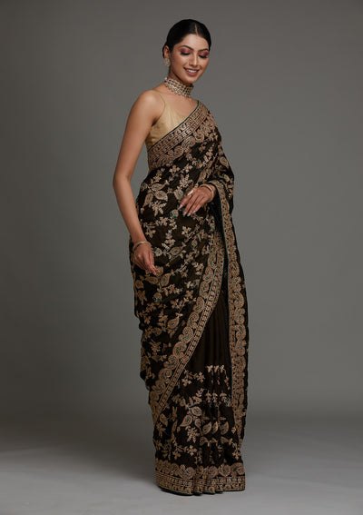 Mehendi Zariwork Semi Crepe Saree - Koskii