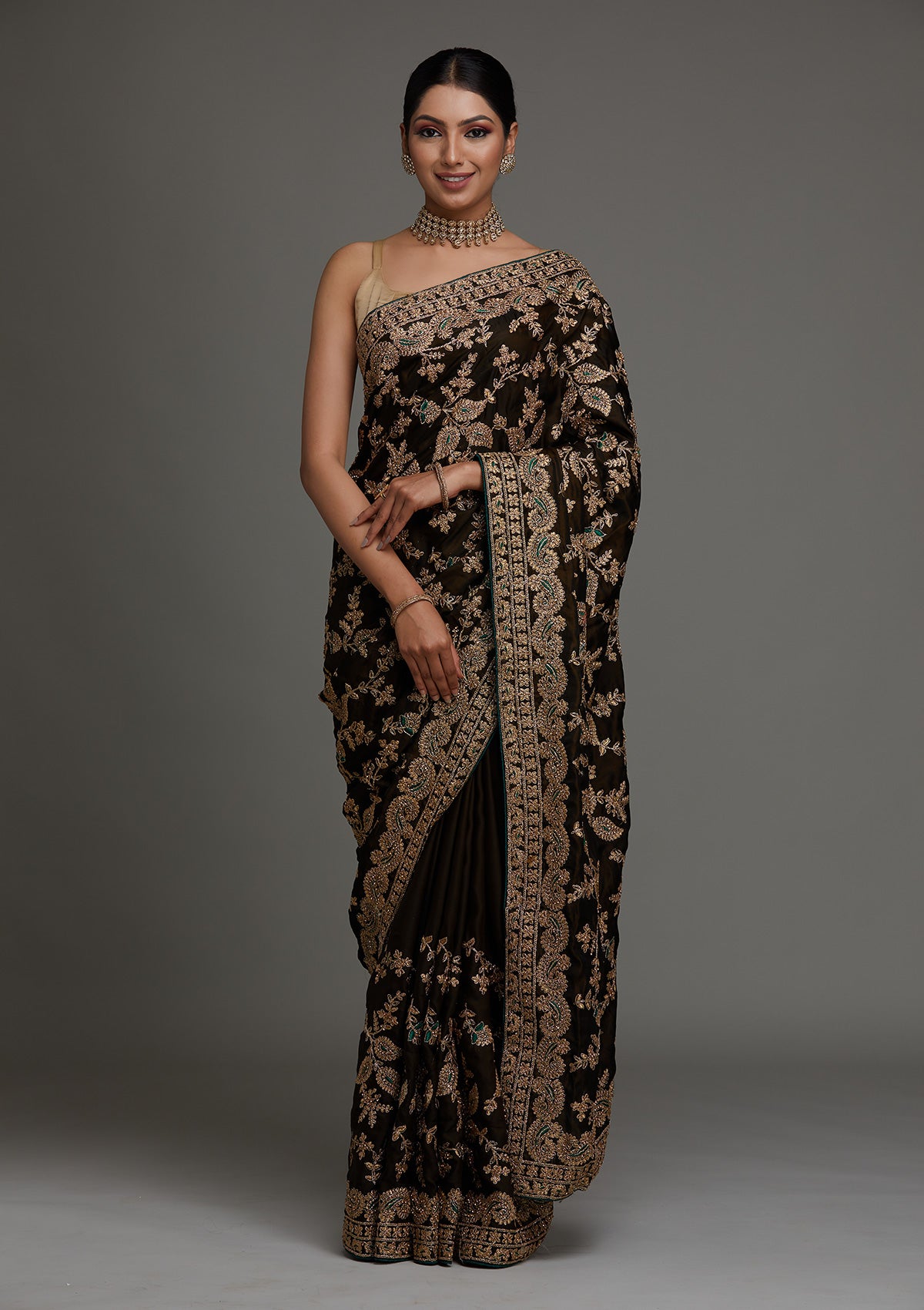 Mehendi Zariwork Semi Crepe Saree - Koskii