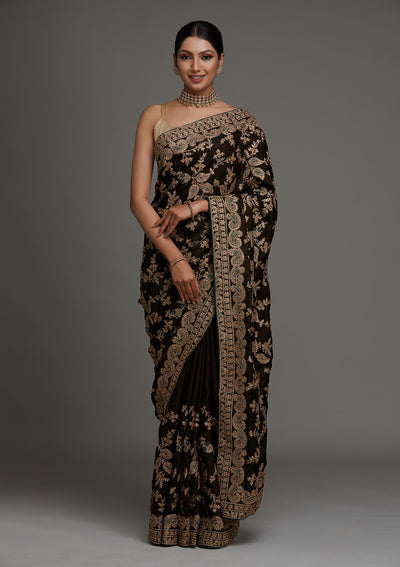 Mehendi Zariwork Semi Crepe Saree - Koskii
