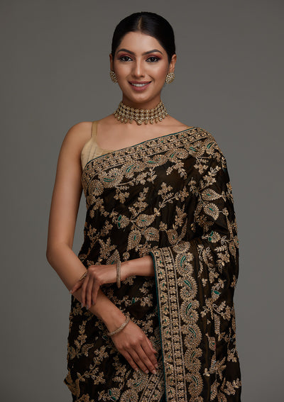Mehendi Zariwork Semi Crepe Saree - Koskii