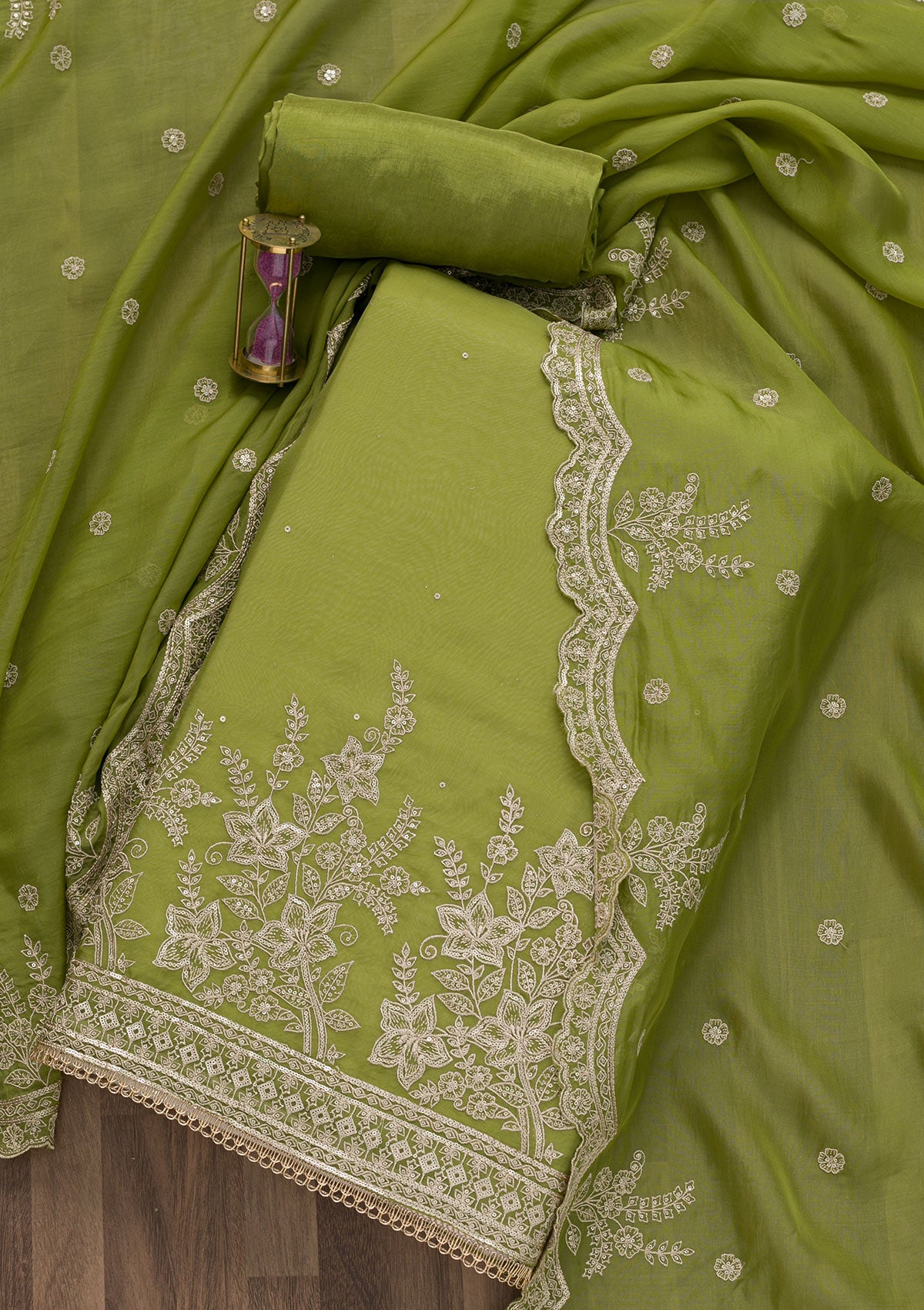Mehendi Zariwork Tissue Unstitched Salwar Suit-Koskii