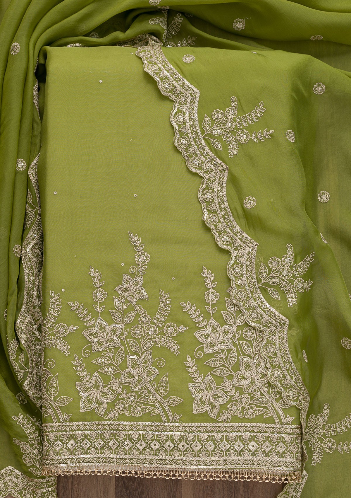 Mehendi Zariwork Tissue Unstitched Salwar Suit-Koskii