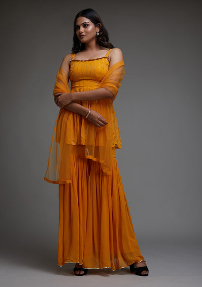 Mustard Badla Print Georgette Designer Salwar Suit - Koskii