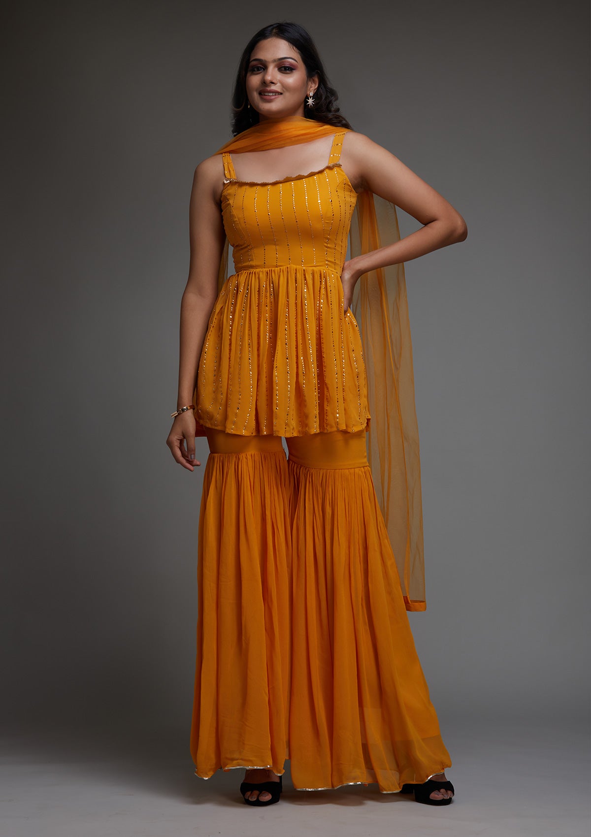 Mustard Badla Print Georgette Designer Salwar Suit - Koskii