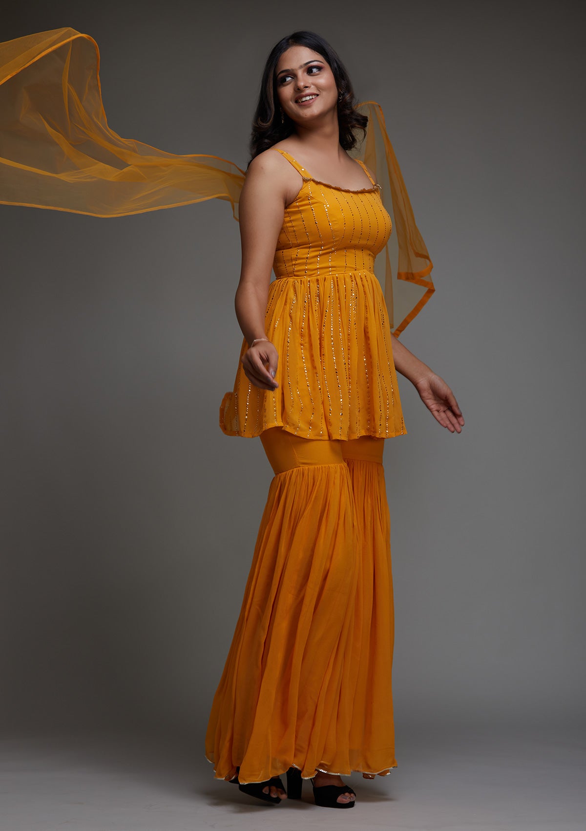 Mustard Badla Print Georgette Designer Salwar Suit - Koskii