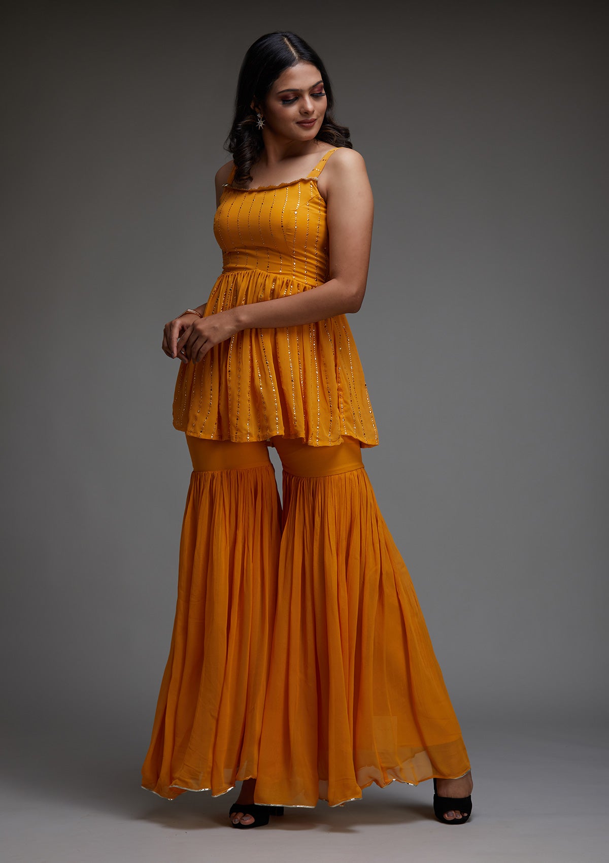 Mustard Badla Print Georgette Designer Salwar Suit - Koskii