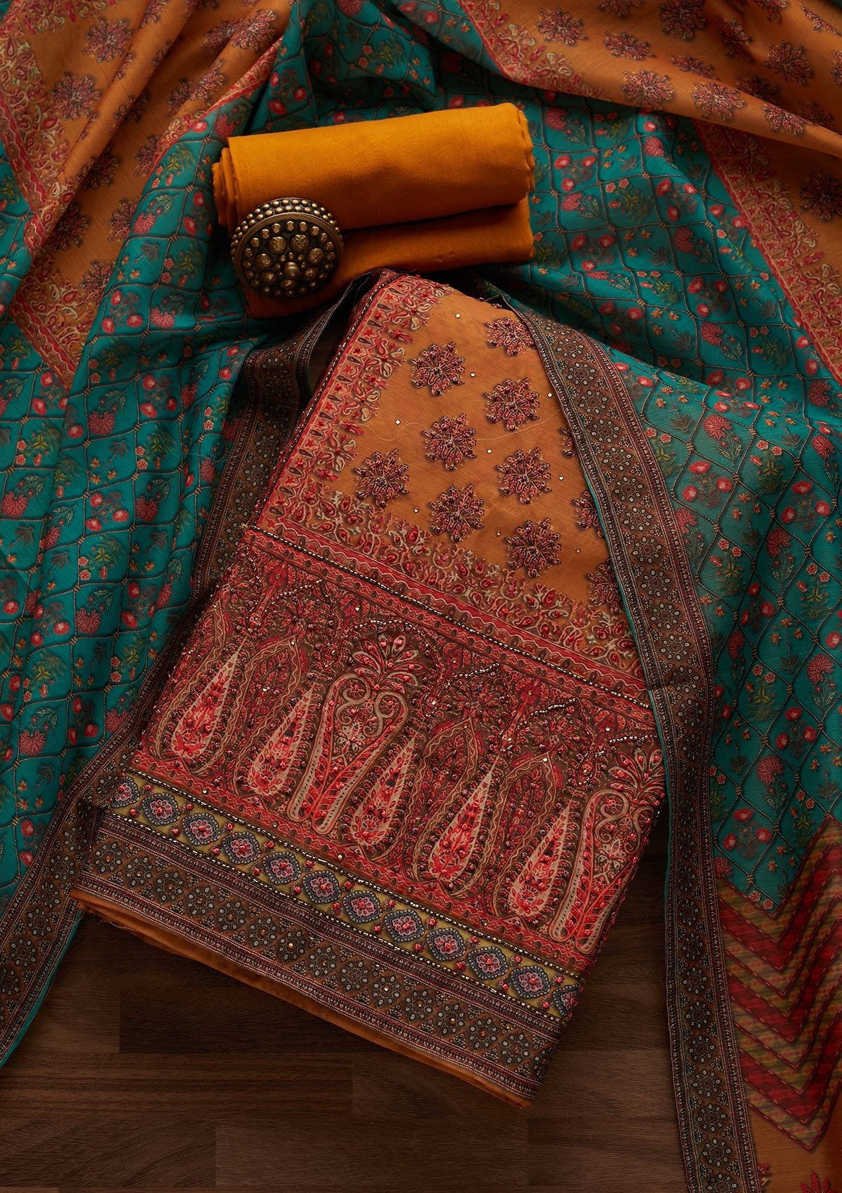 Mustard Cutdana Art Silk Designer Unstitched Salwar Suit - Koskii