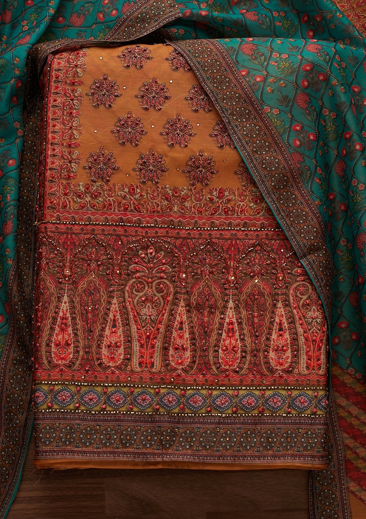 Mustard Cutdana Art Silk Designer Unstitched Salwar Suit - Koskii