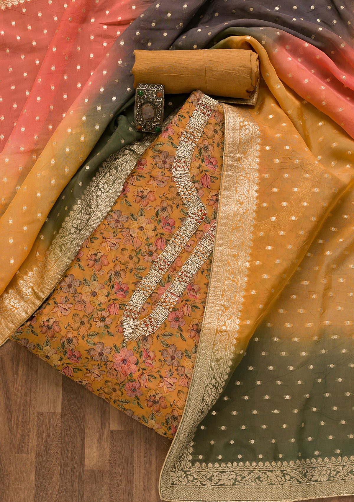 Mustard Printed Organza Unstitched Salwar Suit-Koskii