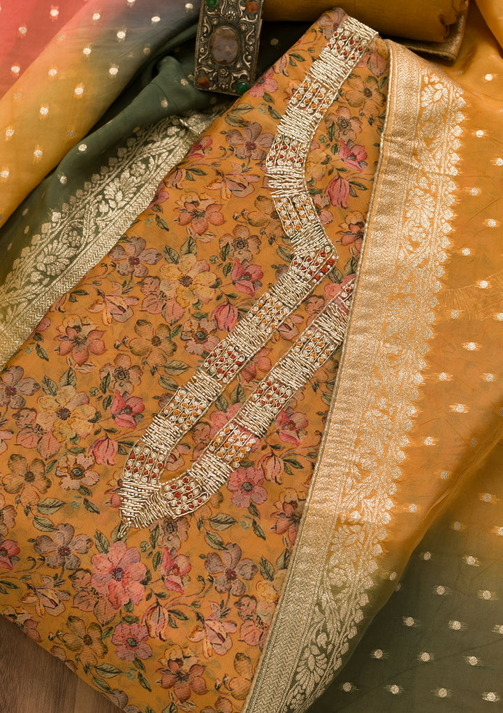 Mustard Printed Organza Unstitched Salwar Suit-Koskii