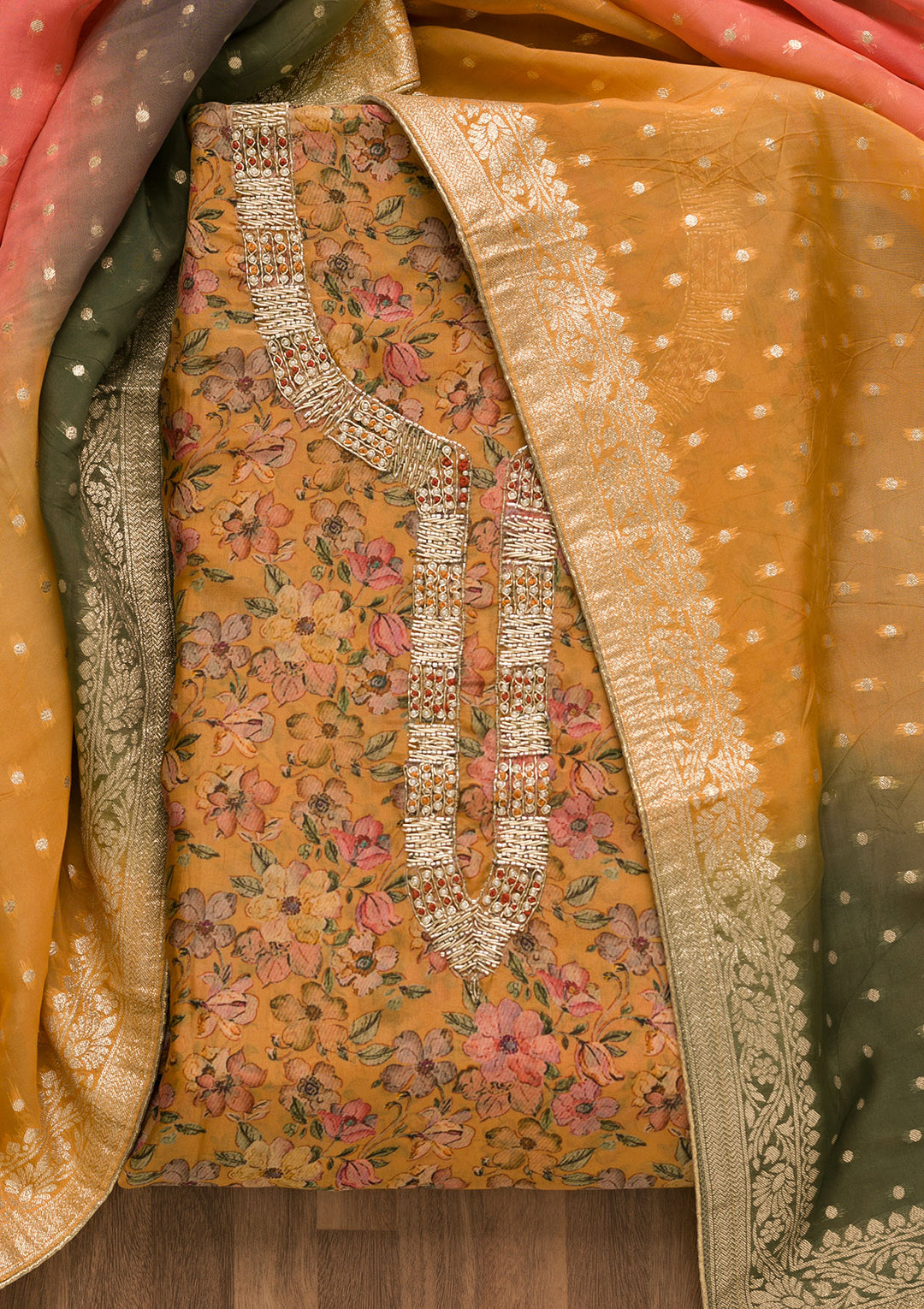 Mustard Printed Organza Unstitched Salwar Suit-Koskii