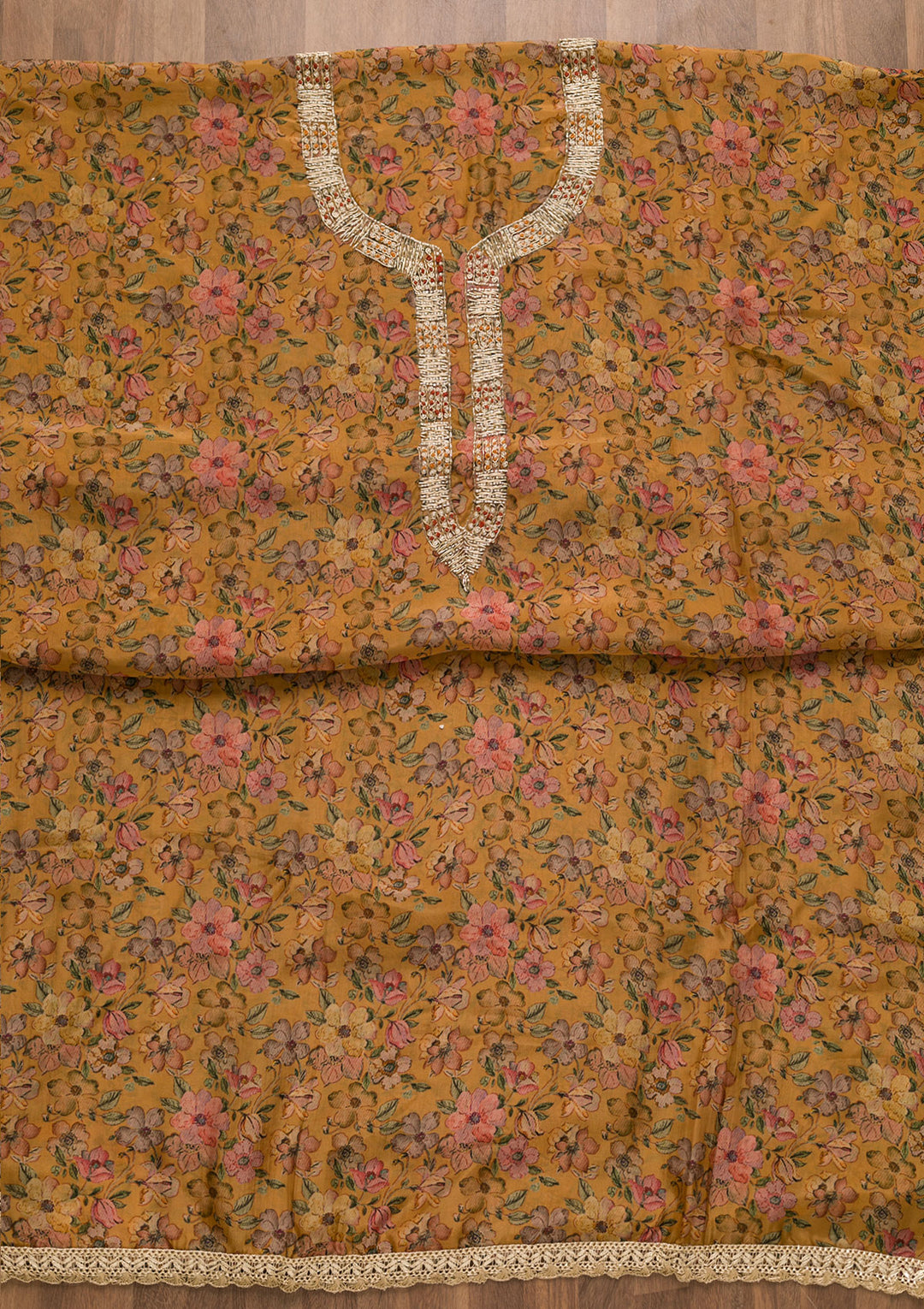 Mustard Printed Organza Unstitched Salwar Suit-Koskii