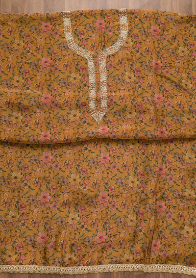 Mustard Printed Organza Unstitched Salwar Suit-Koskii