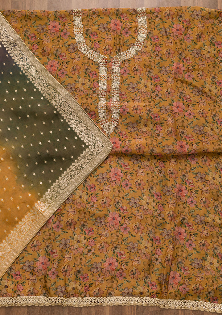 Mustard Printed Organza Unstitched Salwar Suit-Koskii