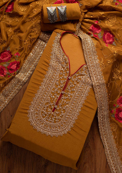 Mustard Cutdana Semi Crepe Designer Semi-Stitched Salwar Suit - koskii