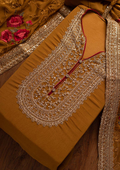 Mustard Cutdana Semi Crepe Designer Semi-Stitched Salwar Suit - koskii