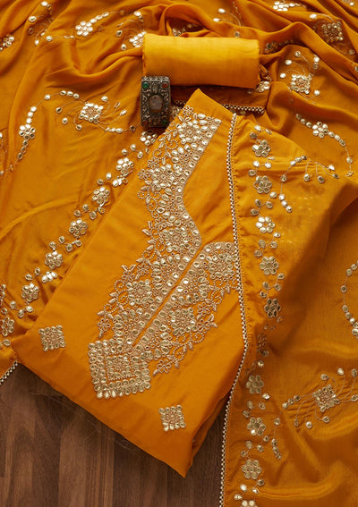 Mustard Gotapatti Semi Crepe  Unstitched Salwar Suit- Koskii