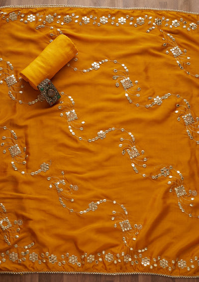 Mustard Gotapatti Semi Crepe  Unstitched Salwar Suit - Koskii