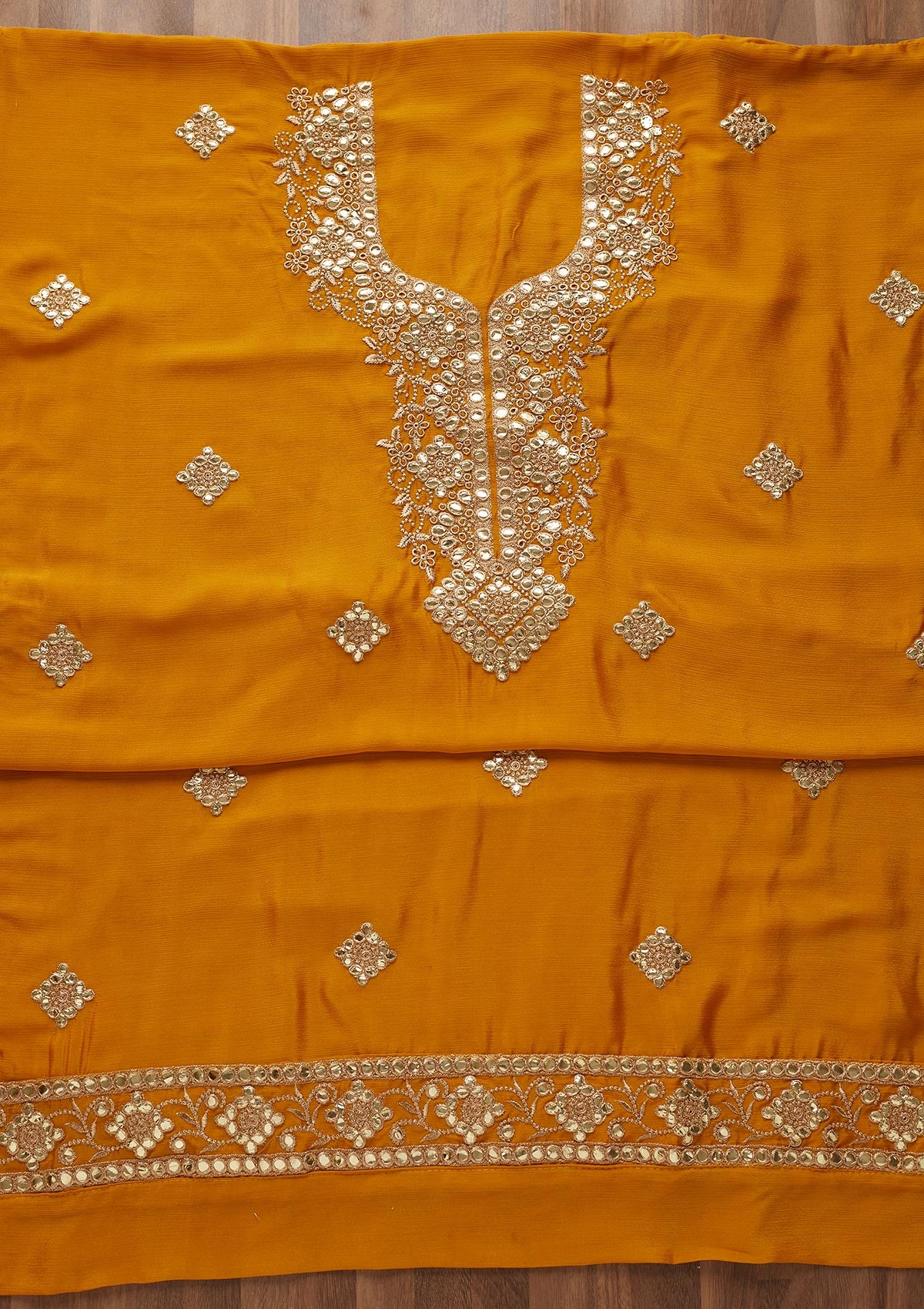 Mustard Gotapatti Semi Crepe  Unstitched Salwar Suit - Koskii