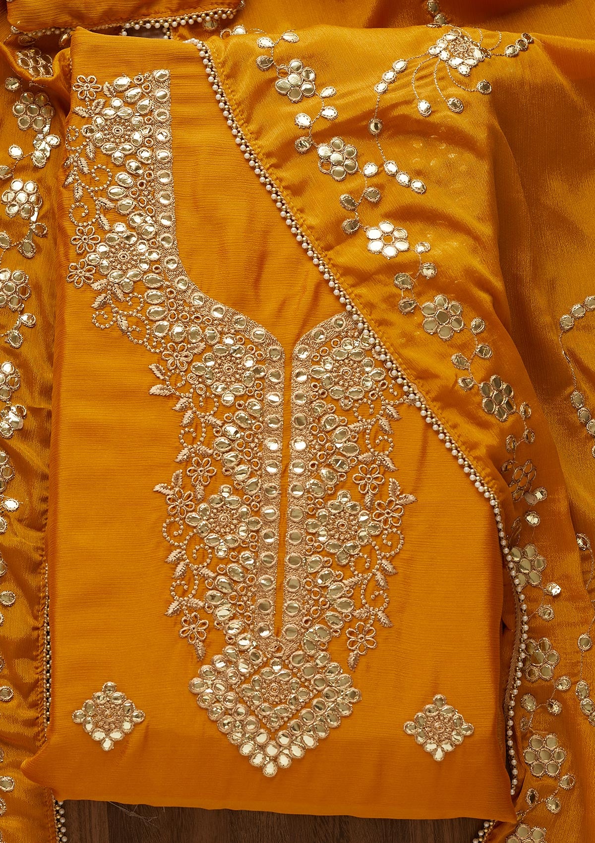 Mustard Gotapatti Semi Crepe  Unstitched Salwar Suit - Koskii